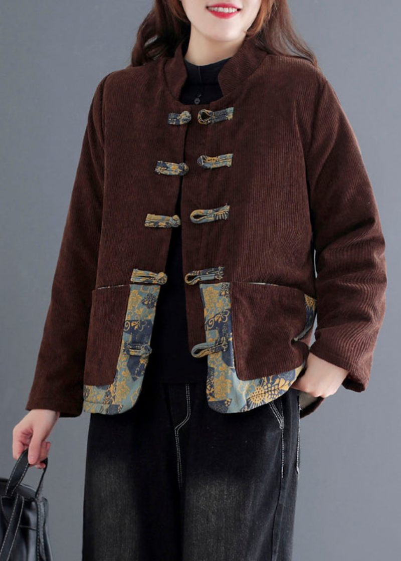 Vintage Orange Print Patchwork Fickor Tjock Corduroy Parka Fall - Orange