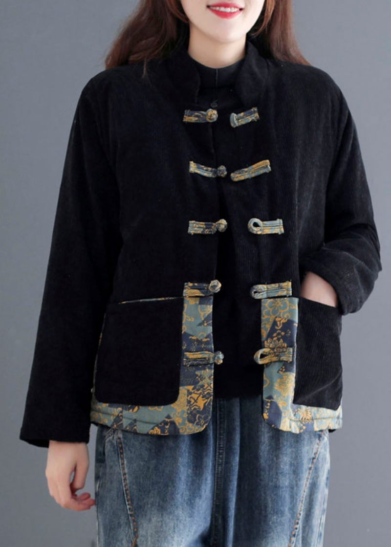 Vintage Orange Print Patchwork Fickor Tjock Corduroy Parka Fall - Orange