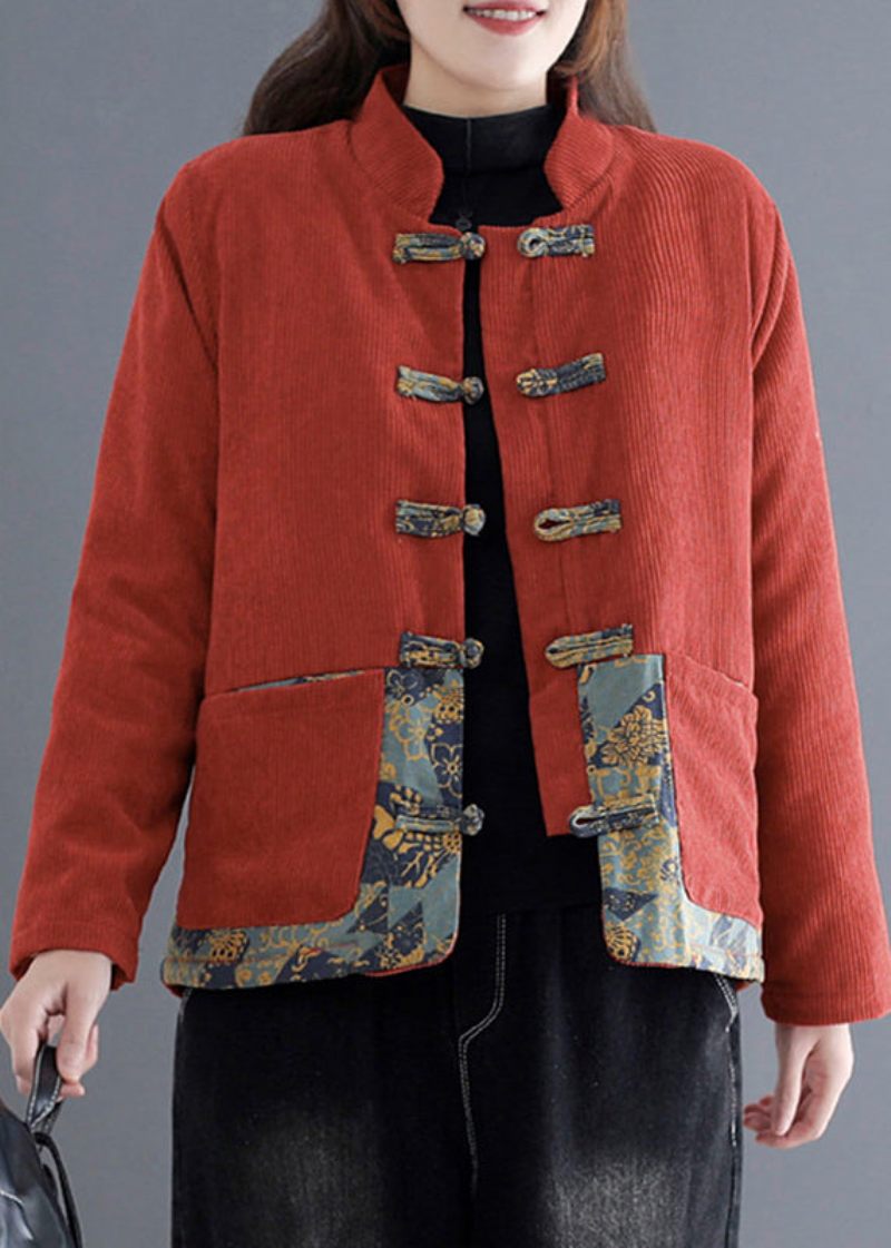 Vintage Orange Print Patchwork Fickor Tjock Corduroy Parka Fall - Orange