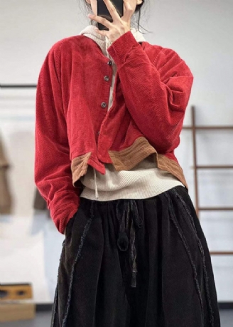 Vintage Röd Oversized Patchwork Tjock Corduroy Coat Vinter