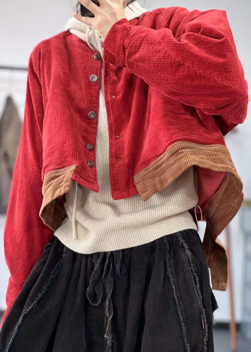 Vintage Röd Oversized Patchwork Tjock Corduroy Coat Vinter - Vinterkappor för kvinnor