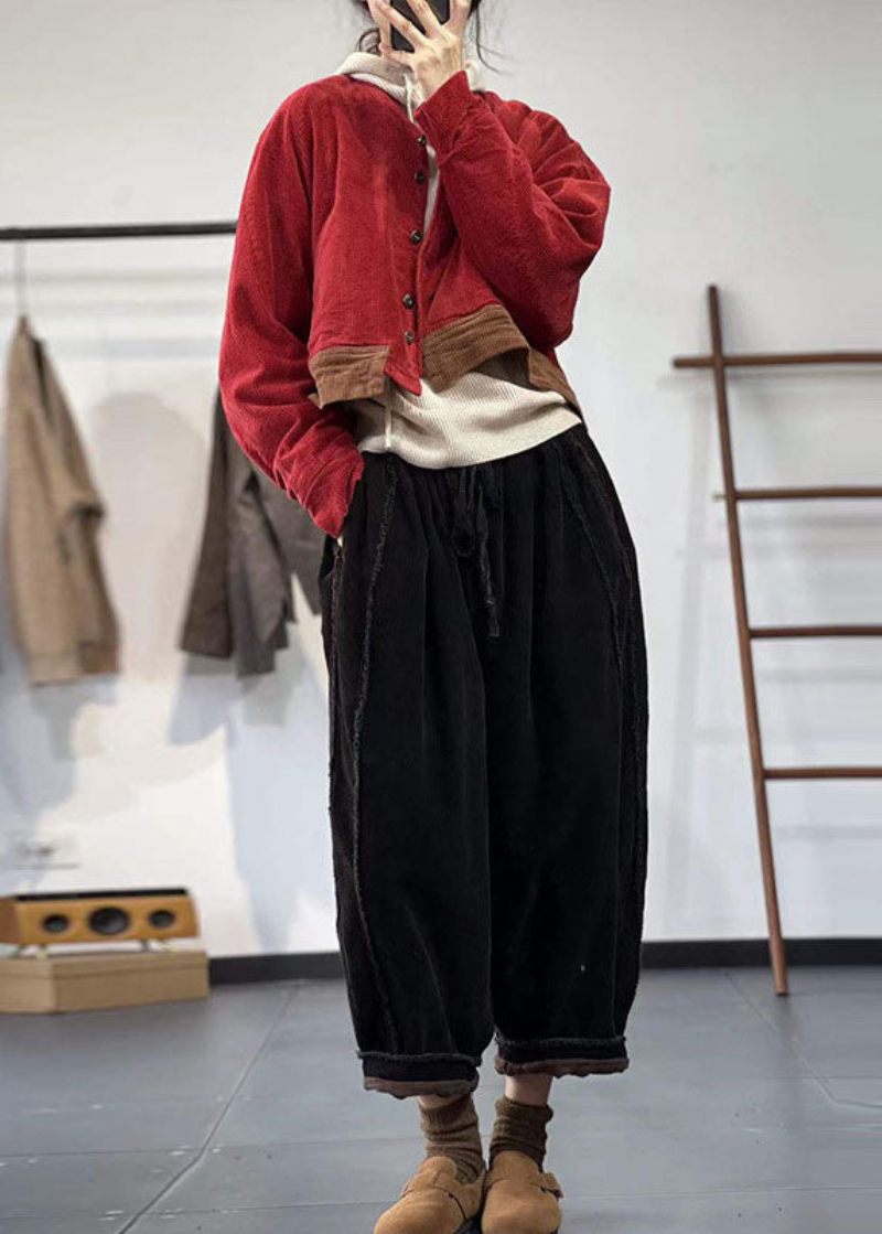 Vintage Röd Oversized Patchwork Tjock Corduroy Coat Vinter - Vinterkappor för kvinnor
