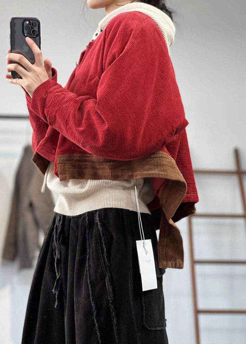 Vintage Röd Oversized Patchwork Tjock Corduroy Coat Vinter - Vinterkappor för kvinnor