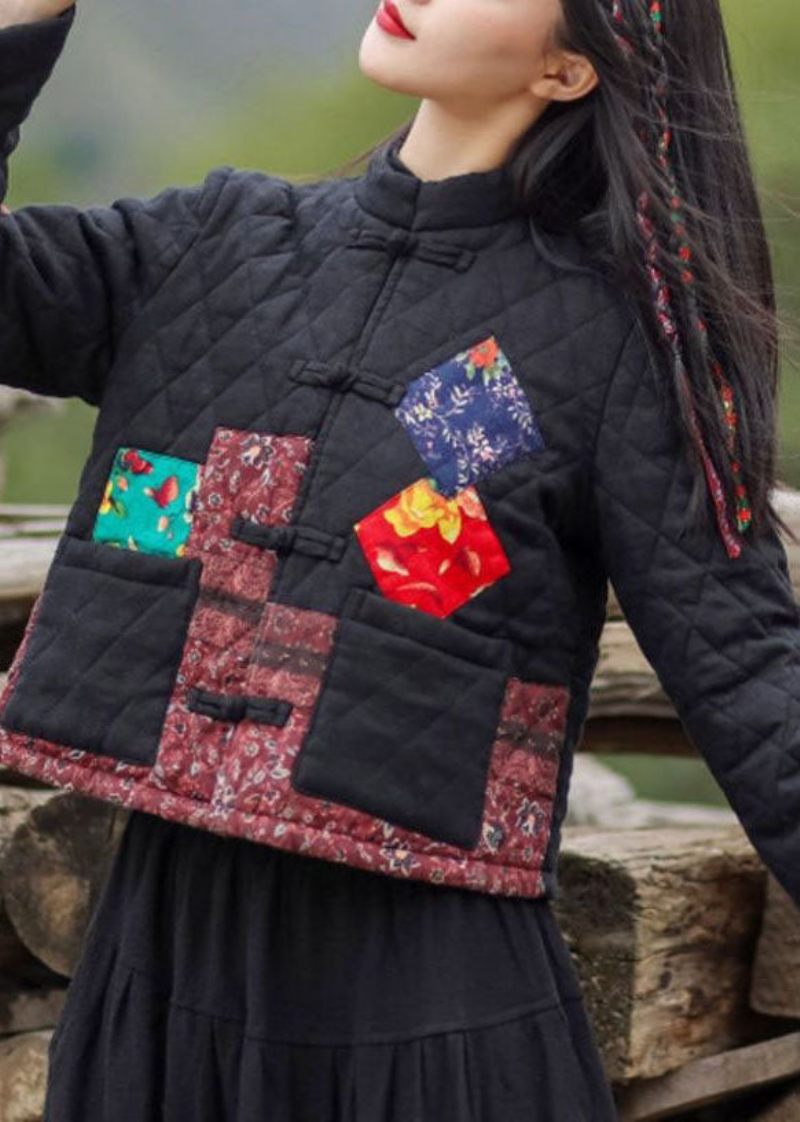 Vintage Röda Stativ Krage Fickor Patchwork Applikation Fin Bomull Fyllde Kappor Vinter - Dunjackor för kvinnor