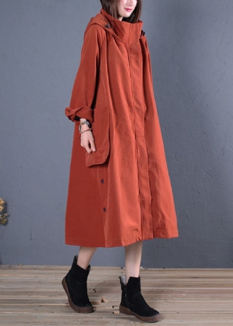 Vintage Rust Hooded Pockets Tjocka Trenchcoats I Bomull Vår