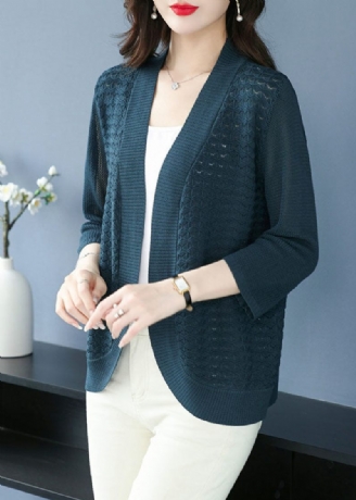 Vintage Sea Blue V-hals Patchwork Solid Ice Size Stickad Cardigan Armband Sleeve