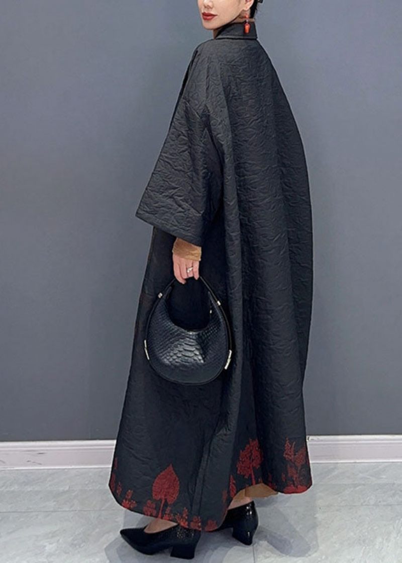 Vintage Svart Asymmetriskt Tryck Långa Trenchcoats Långärmad - Trenchcoats för kvinnor