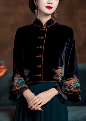 Vintage Svart Broderad Knapp Silke Velour Kappor Utsvängda Ärm