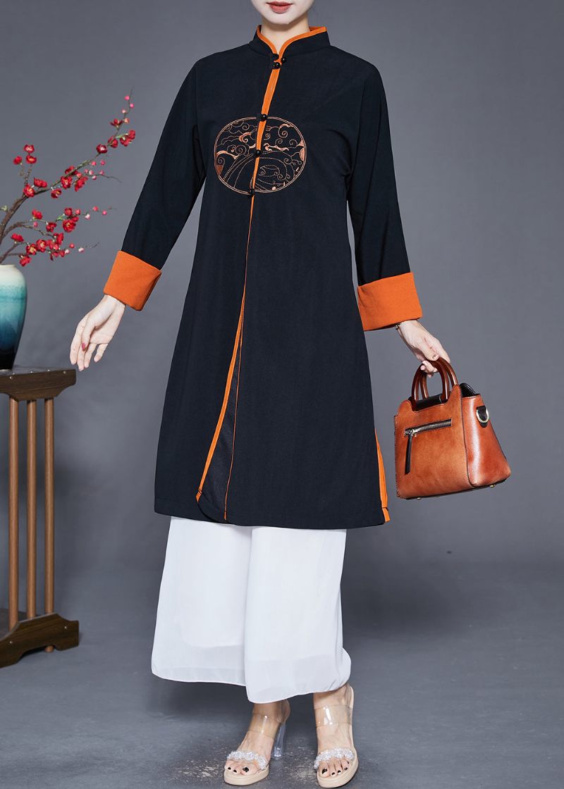 Vintage Svart Mandarin Krage Broderad Siden Trench Fall