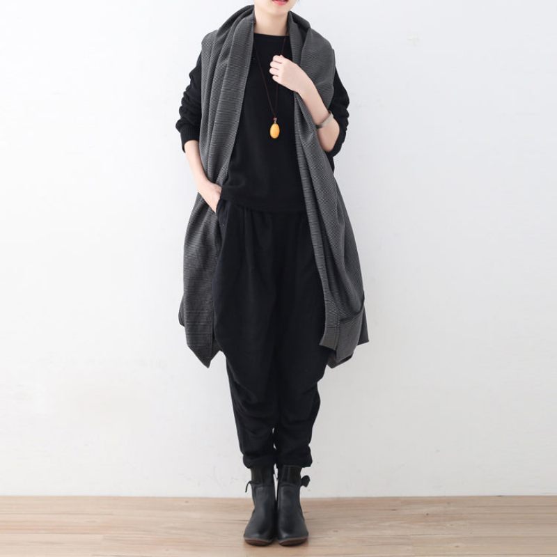 Vintage Svart Maxi Kappa Oversize Asymmetrisk Fåll Koftor Kappor Boutique Ärmlösa - Svart