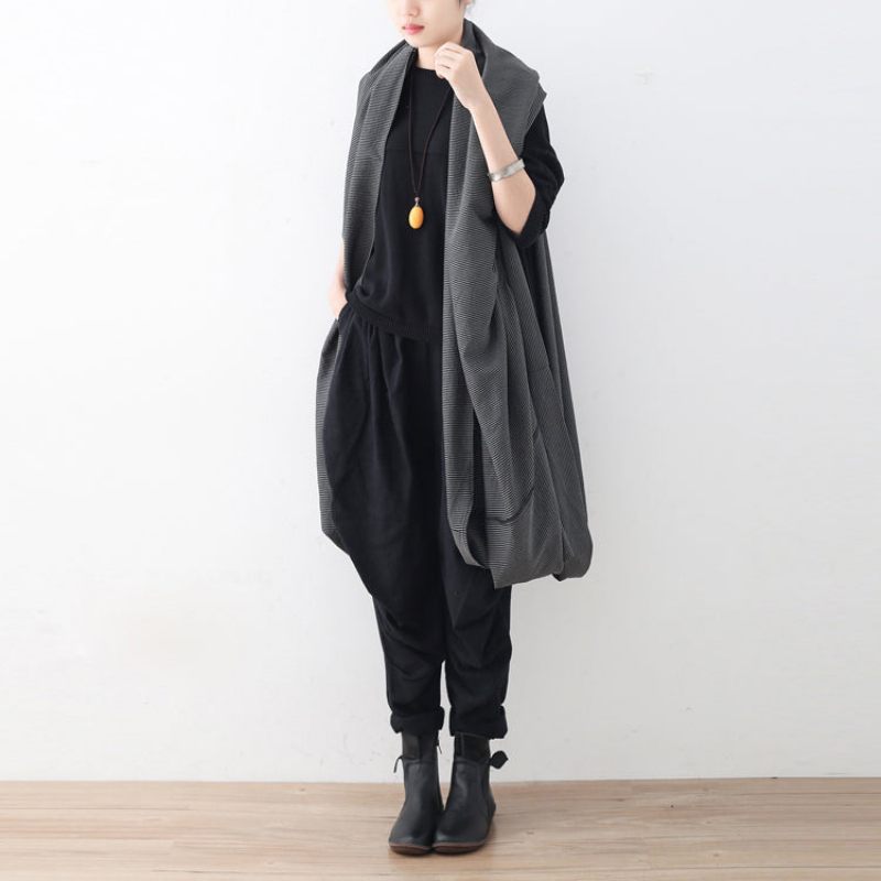 Vintage Svart Maxi Kappa Oversize Asymmetrisk Fåll Koftor Kappor Boutique Ärmlösa - Svart
