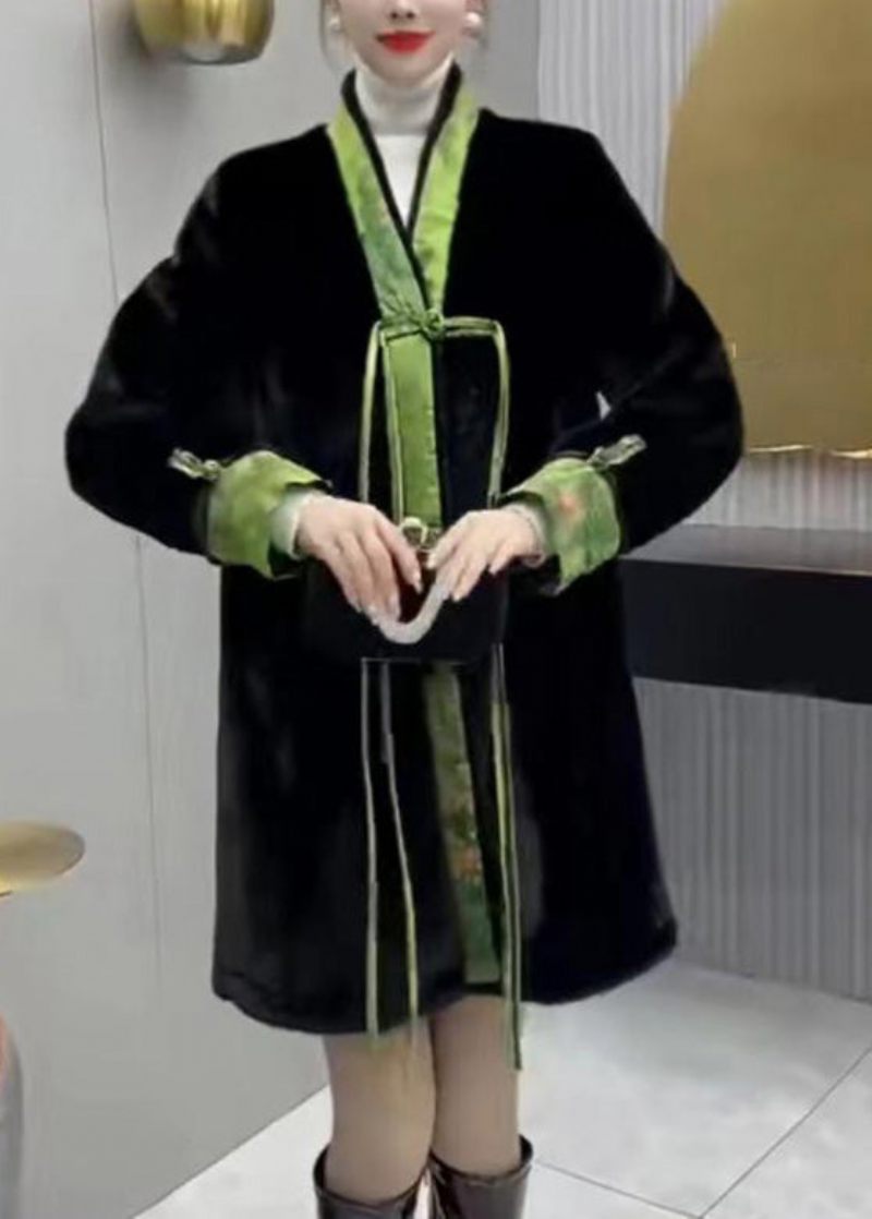 Vintage Svart V-halstryck Mink Sammetsknapp Varmt Slitage På Båda Sidor Kappa Vinter - Vinterkappor för kvinnor
