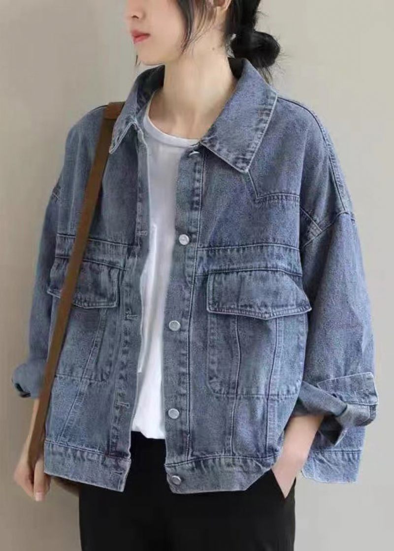 Vintage Svarta Knappfickor Denimrock Långärmad - Vinterkappor för kvinnor
