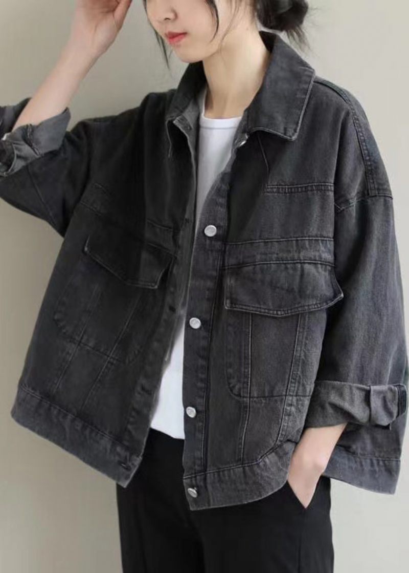 Vintage Svarta Knappfickor Denimrock Långärmad - Vinterkappor för kvinnor