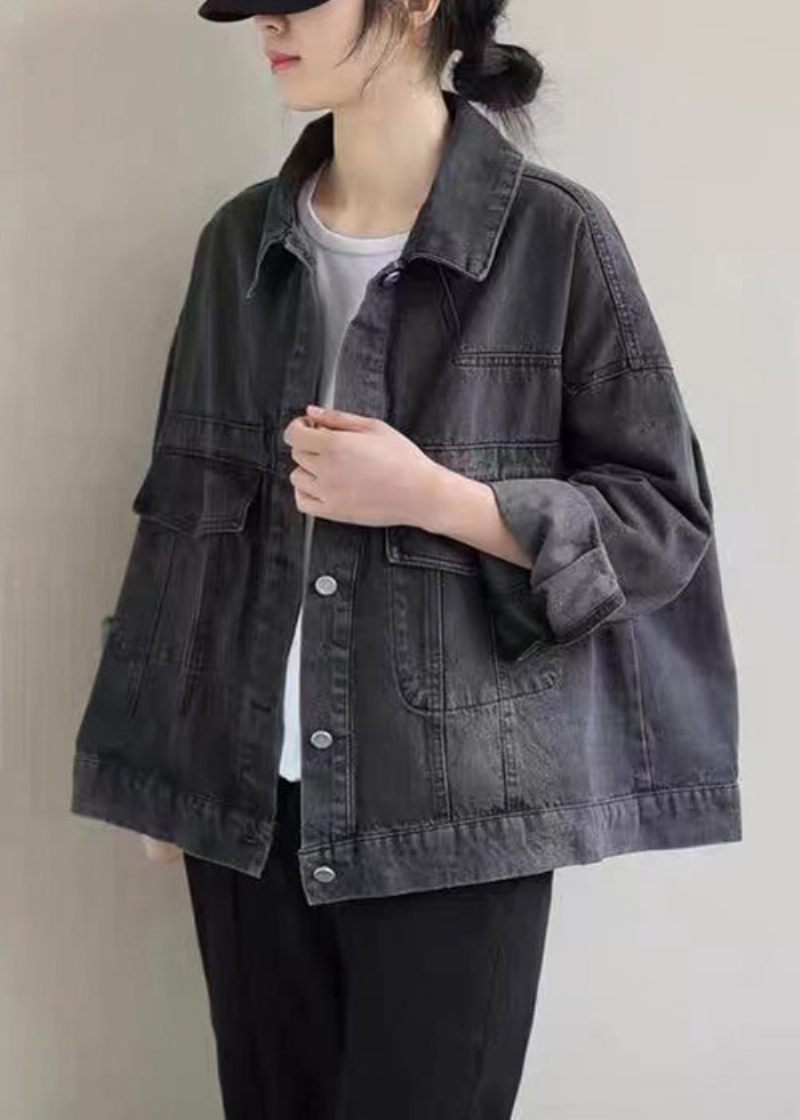 Vintage Svarta Knappfickor Denimrock Långärmad - Vinterkappor för kvinnor