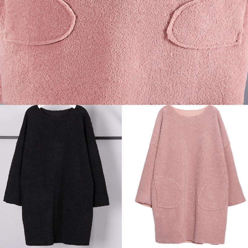 Vintage Svarta Toppar I Ren Ull Oversize O-hals Semester Nya Fickor Ull Kläder - Svart