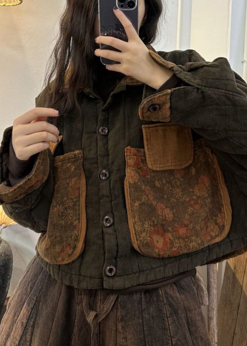 Vintage Vin Röda Knappfickor Patchwork Bomullsrockar Höst - Dunjackor för kvinnor