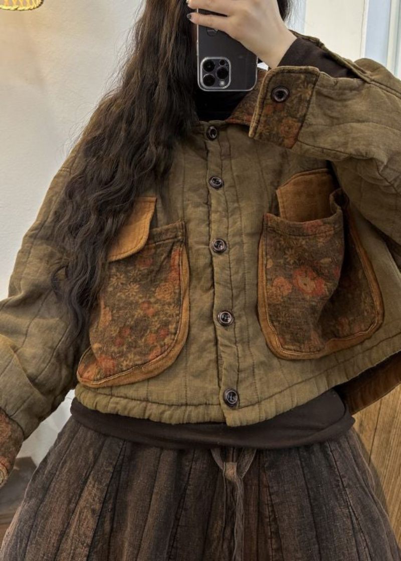 Vintage Vin Röda Knappfickor Patchwork Bomullsrockar Höst - Dunjackor för kvinnor