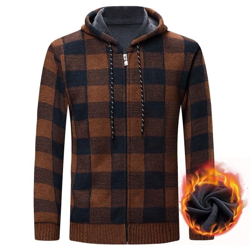 Vinter Herrtröjor Man Fleece Stickad Tröja Huvkappor Casual Slim Fit Kofta Jackor Kläder - Brun