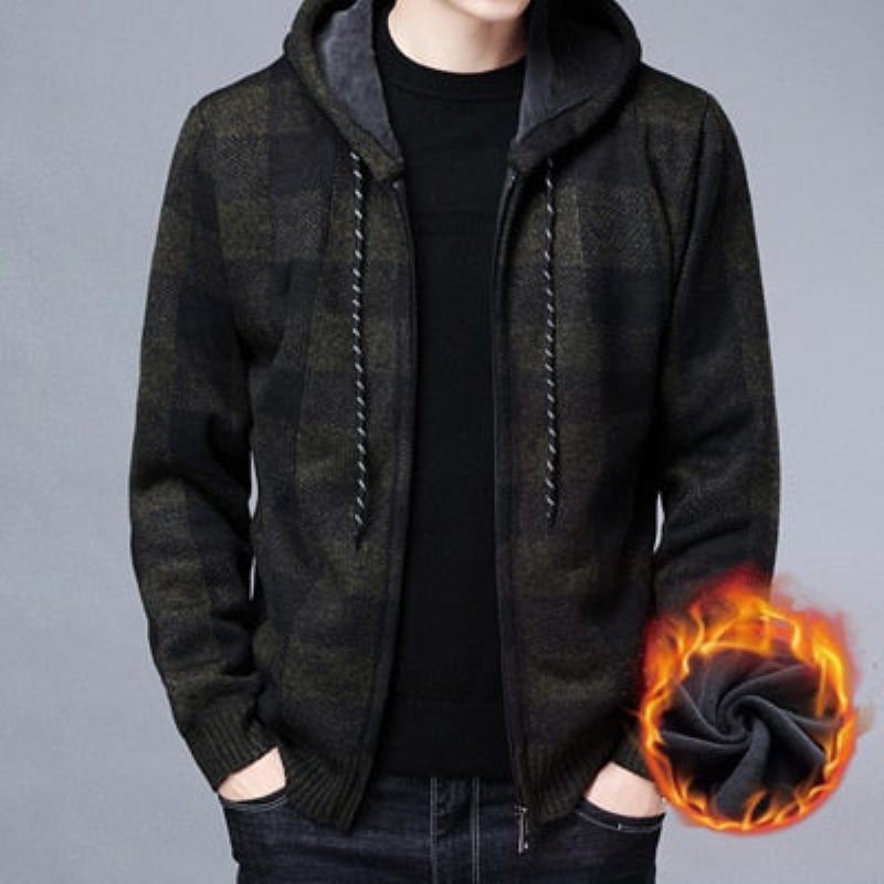 Vinter Herrtröjor Man Fleece Stickad Tröja Huvkappor Casual Slim Fit Kofta Jackor Kläder - Brun
