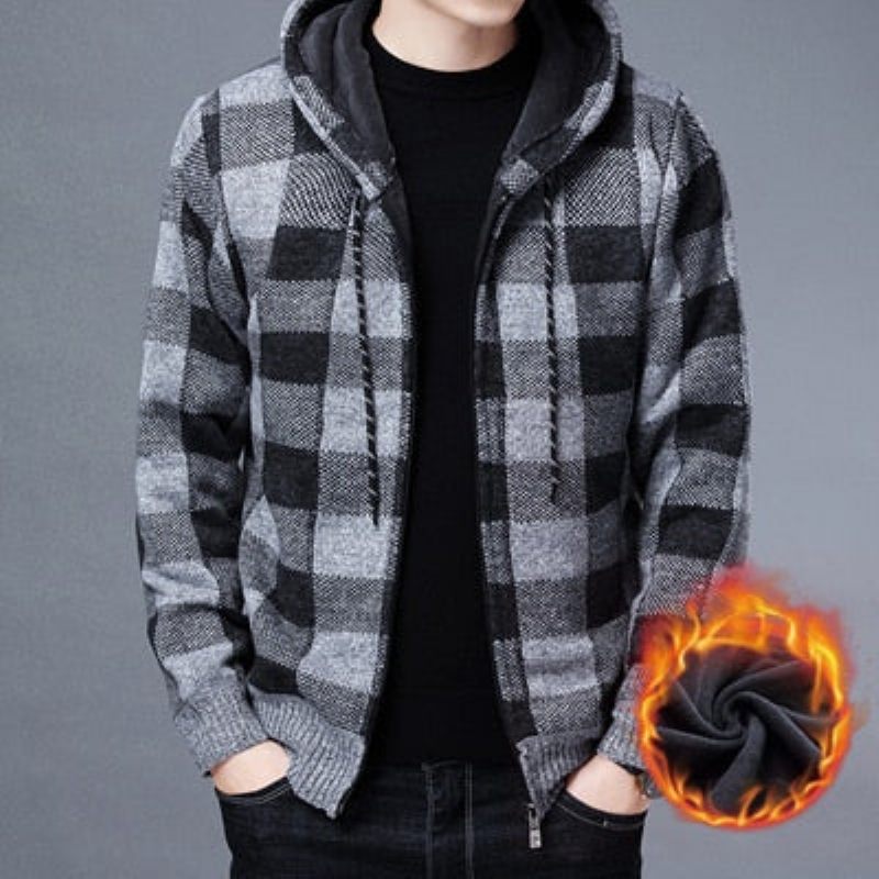 Vinter Herrtröjor Man Fleece Stickad Tröja Huvkappor Casual Slim Fit Kofta Jackor Kläder - Brun