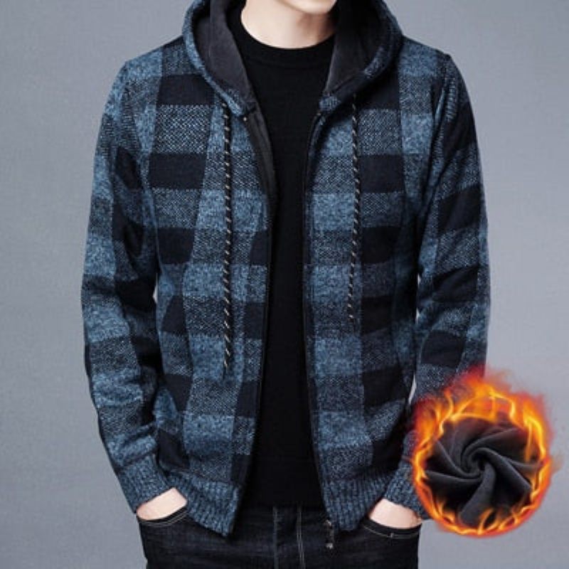 Vinter Herrtröjor Man Fleece Stickad Tröja Huvkappor Casual Slim Fit Kofta Jackor Kläder - Brun