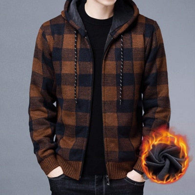 Vinter Herrtröjor Man Fleece Stickad Tröja Huvkappor Casual Slim Fit Kofta Jackor Kläder - Brun