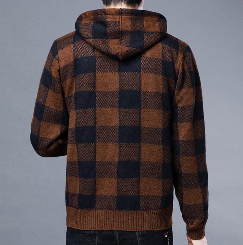 Vinter Herrtröjor Man Fleece Stickad Tröja Huvkappor Casual Slim Fit Kofta Jackor Kläder - Brun