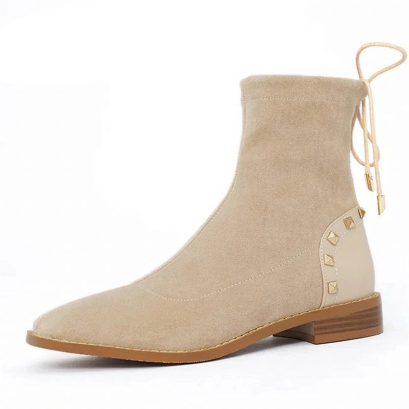 Vinter Kvinnor Plysch Stövletter Beige Stretch Casual Dam Fyrkantig Tå Låg Block Klack Snörning Nit Korta Stövlar - Svart