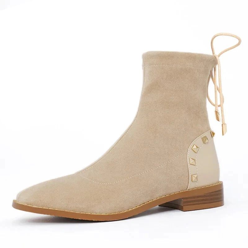 Vinter Kvinnor Plysch Stövletter Beige Stretch Casual Dam Fyrkantig Tå Låg Block Klack Snörning Nit Korta Stövlar - Svart