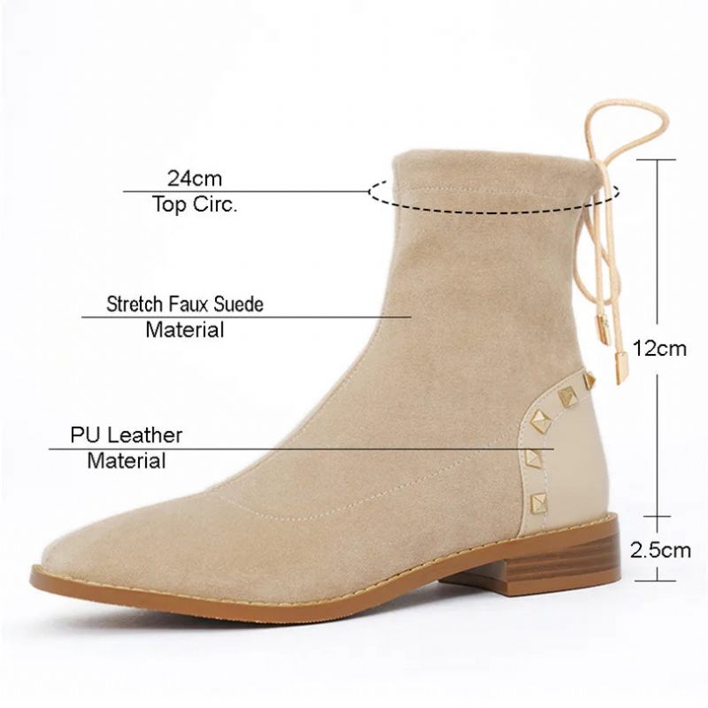 Vinter Kvinnor Plysch Stövletter Beige Stretch Casual Dam Fyrkantig Tå Låg Block Klack Snörning Nit Korta Stövlar - Svart