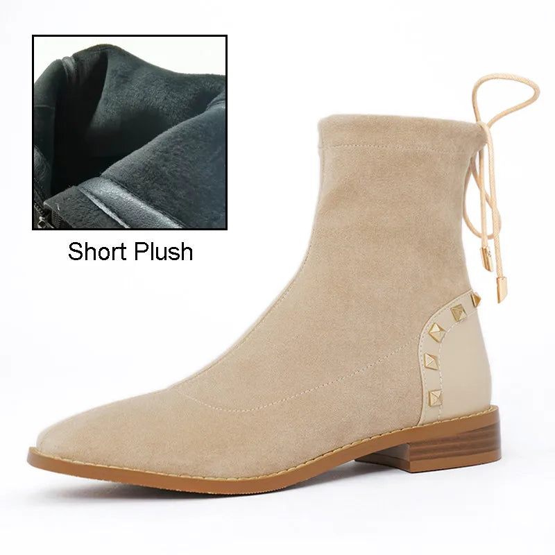 Vinter Kvinnor Plysch Stövletter Beige Stretch Casual Dam Fyrkantig Tå Låg Block Klack Snörning Nit Korta Stövlar - Svart