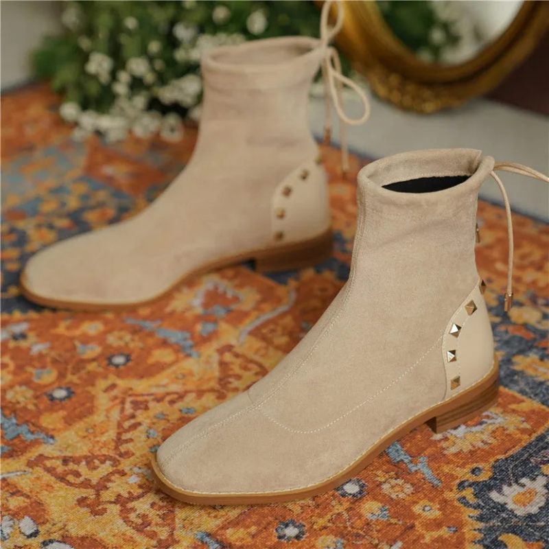 Vinter Kvinnor Plysch Stövletter Beige Stretch Casual Dam Fyrkantig Tå Låg Block Klack Snörning Nit Korta Stövlar - Svart