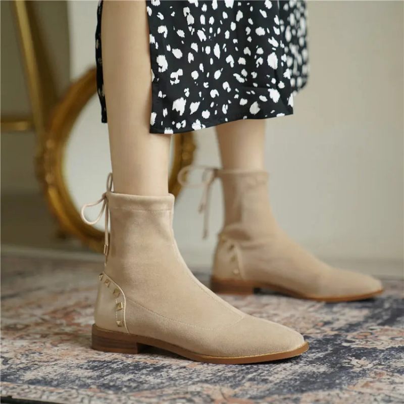 Vinter Kvinnor Plysch Stövletter Beige Stretch Casual Dam Fyrkantig Tå Låg Block Klack Snörning Nit Korta Stövlar - Svart