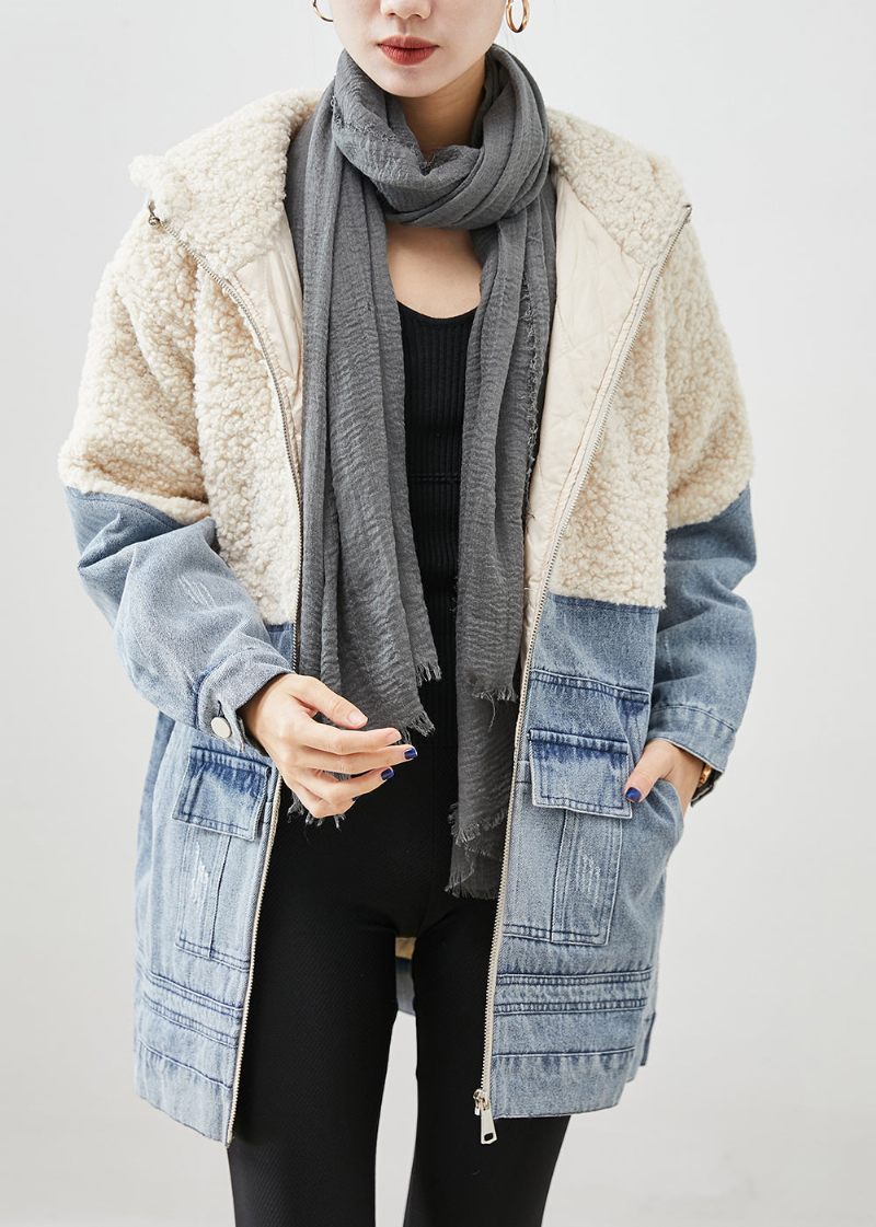 Vit Patchwork Ylle Fin Bomull Fyllde Puffers Jackor Hooded Winter - Vinterkappor för kvinnor