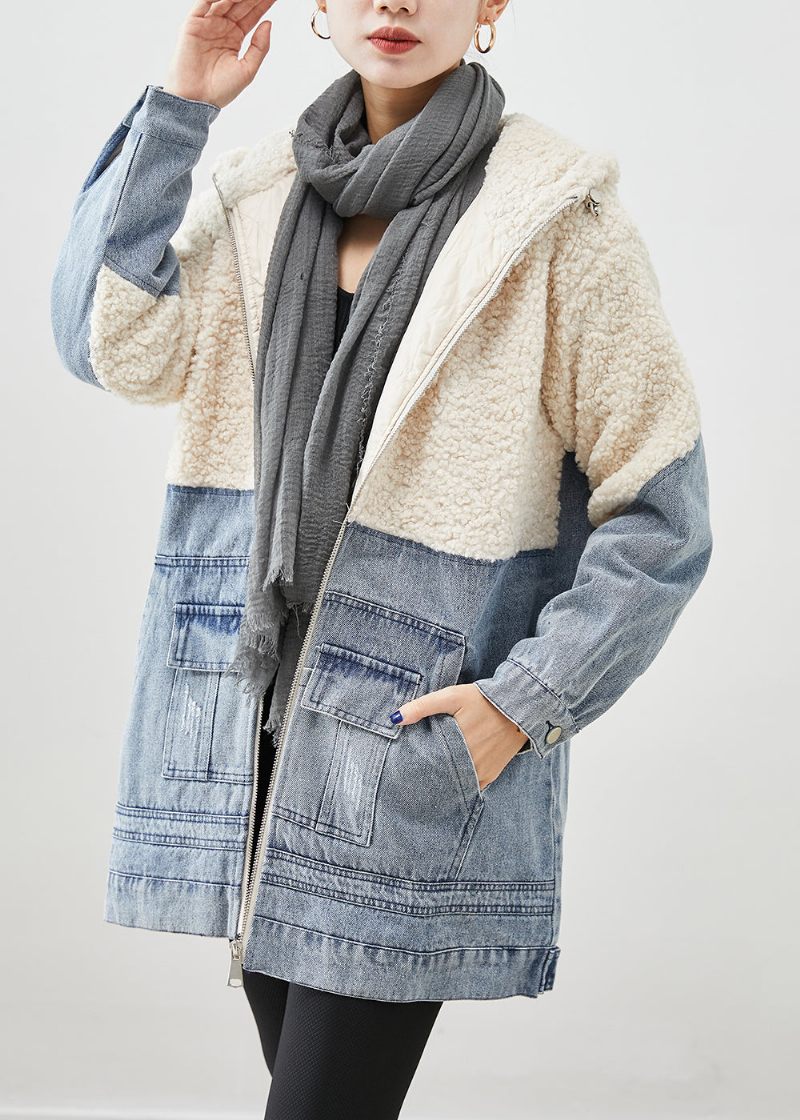 Vit Patchwork Ylle Fin Bomull Fyllde Puffers Jackor Hooded Winter - Vinterkappor för kvinnor
