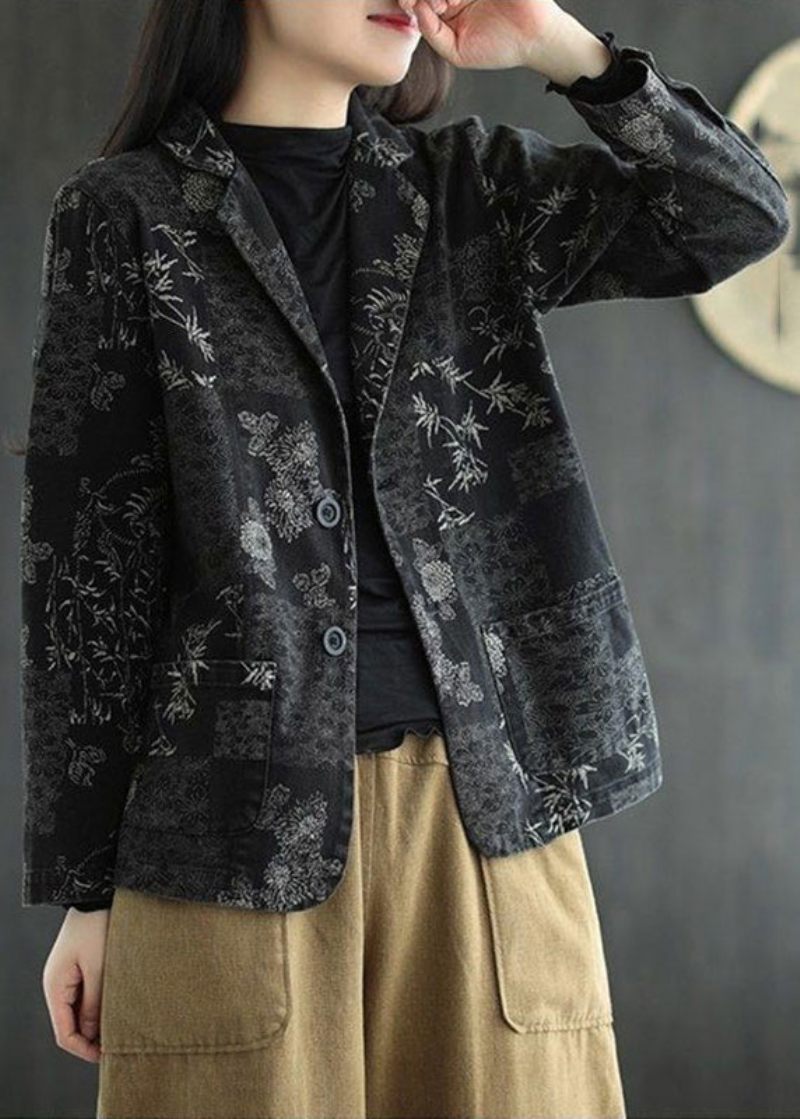 Vogue Black Notched Print Denimrockar Höst - Vinterkappor för kvinnor