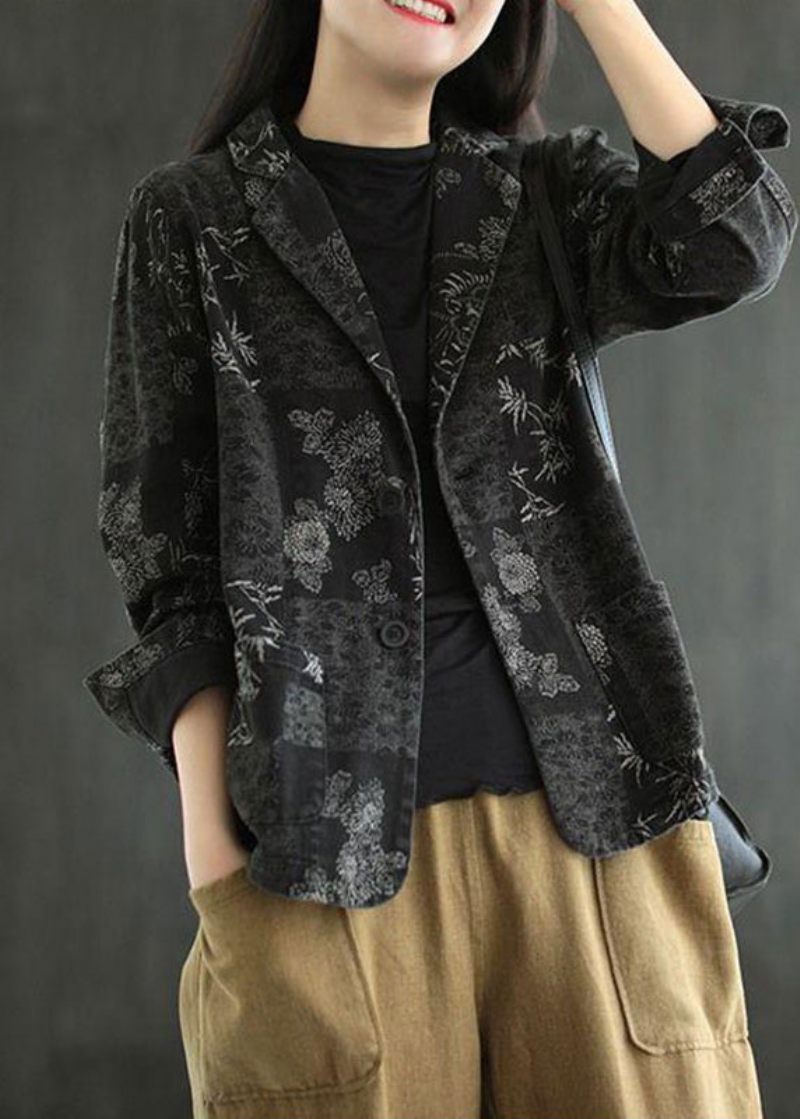 Vogue Black Notched Print Denimrockar Höst - Vinterkappor för kvinnor