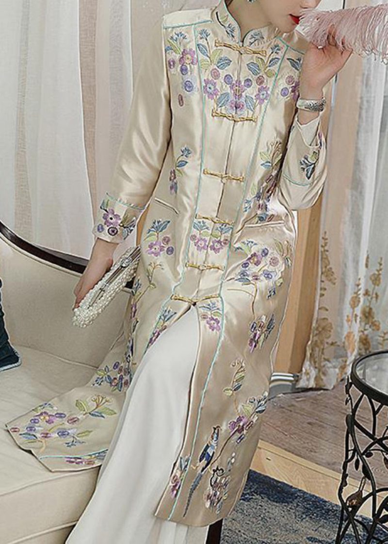 Vogue Champagne Stativ Krage Broderade Blommor Fågel Knappfickor Satinrockar Långärmad - Vinterkappor för kvinnor