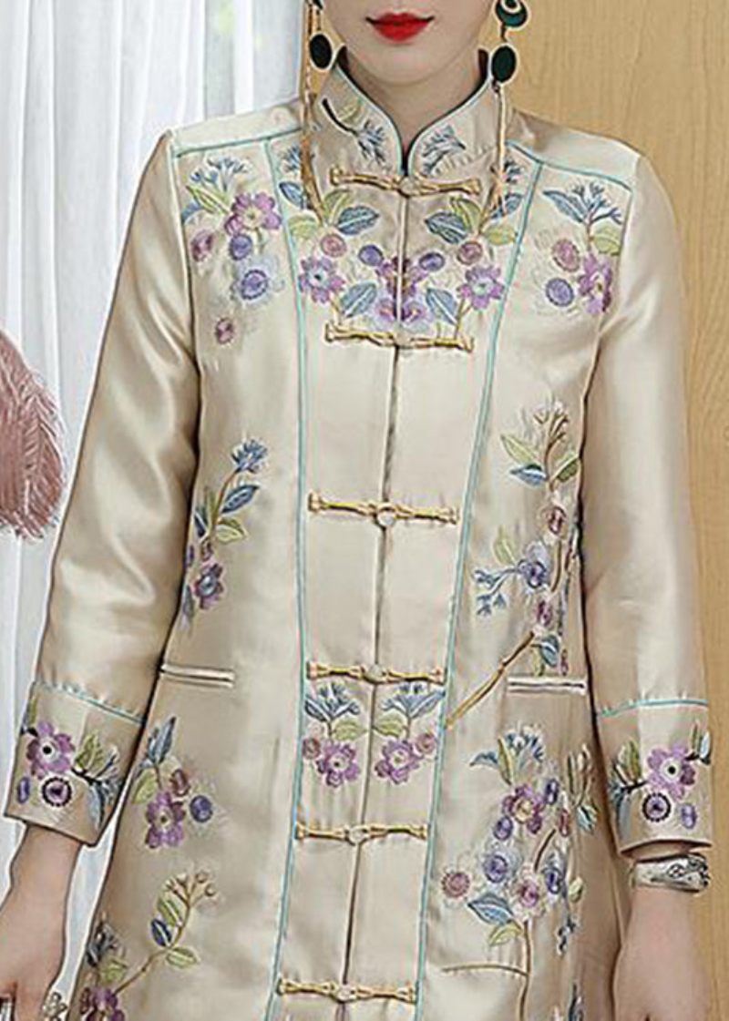 Vogue Champagne Stativ Krage Broderade Blommor Fågel Knappfickor Satinrockar Långärmad - Vinterkappor för kvinnor