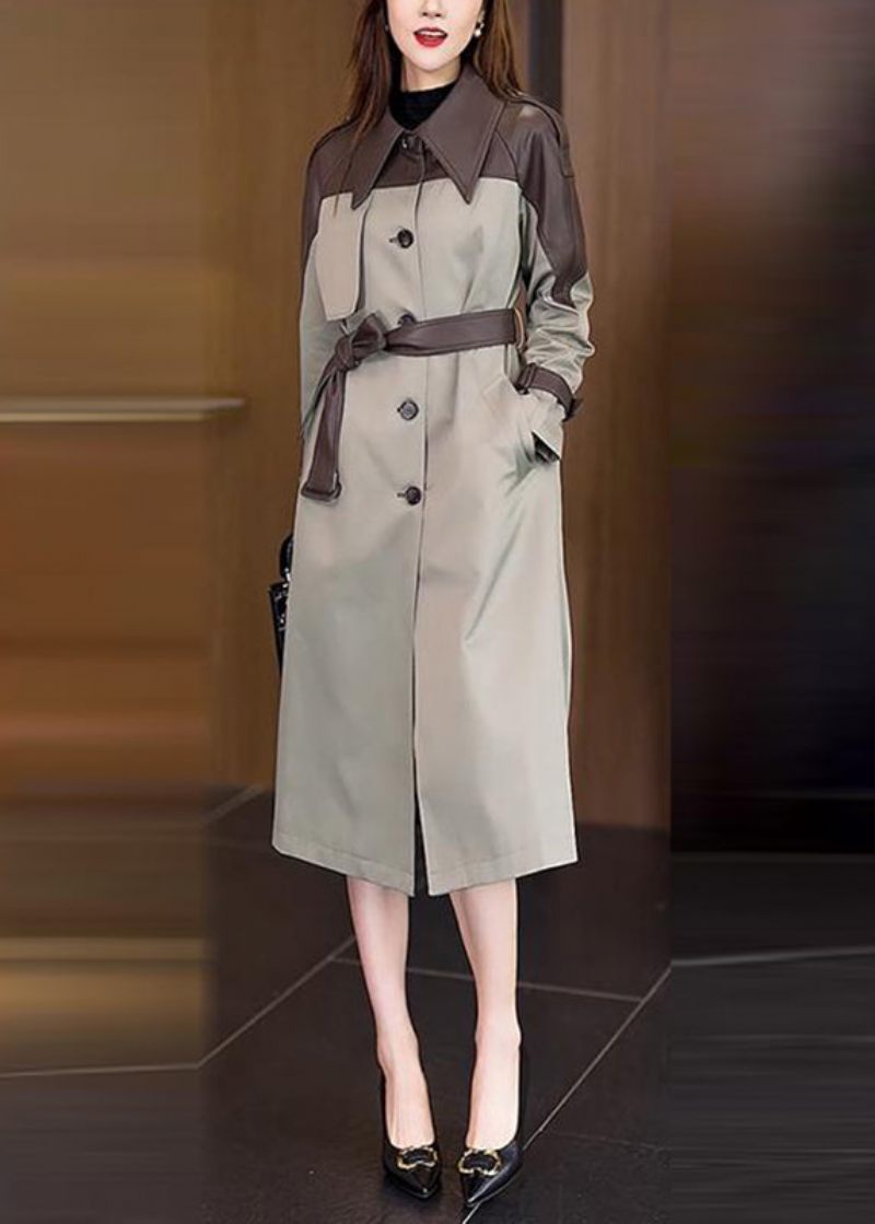 Vogue Khaki Peter Pan Kragefickor Patchwork Button Sashes Trench Coat Spring - Kaki